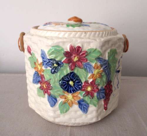 Vintage Floral basket Cookie Jar with Wicker handle. Made in Japan.