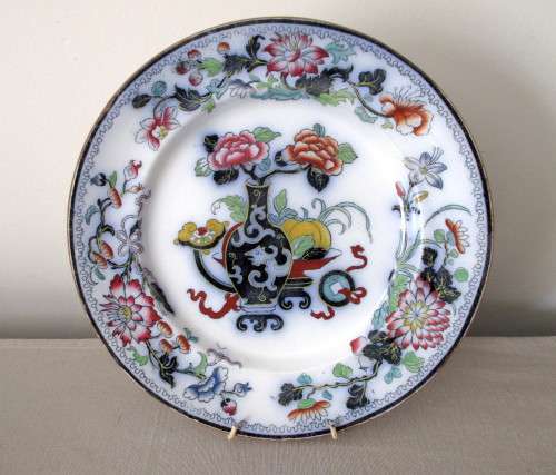 ANTIQUE BLUE HAND PAINTED POLYCHROME NOMA PLATE CHINOISERIE FLORAL DESIGN. C1840 27diam.