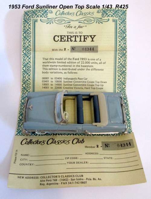 1953 Light Blue Ford Sunliner Open Top Model. 1/43. Collector`s Classics. In box with Certificate.