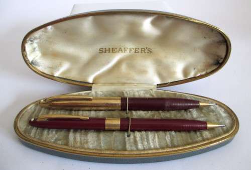 Vintage Sheaffer Snorkel White Dot Pencil Set. Burgandy and Gold. Note name of owner on one pencil.