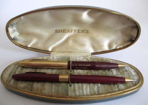 Vintage Sheaffer Snorkel White Dot Pencil Set. Burgandy and Gold. Note name of owner on one pencil.