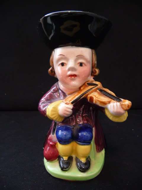 Vintage Hand Painted Porcelain Figurine Mug French Fiddle Player.  13 cm high.