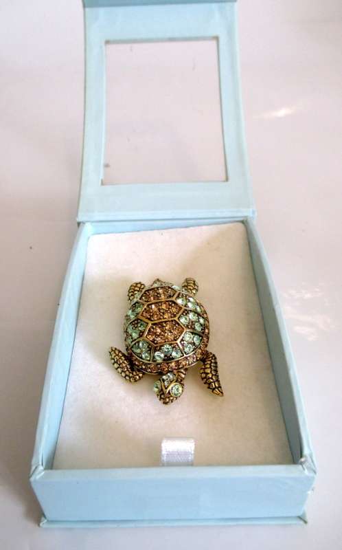 Decorated Turtle Brooch Costume Jewelry. Made in London by Buckley Jewelry. In Box.