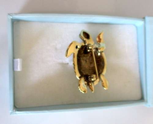 Decorated Turtle Brooch Costume Jewelry. Made in London by Buckley Jewelry. In Box.