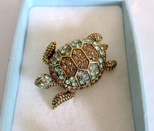 Decorated Turtle Brooch Costume Jewelry. Made in London by Buckley Jewelry. In Box.