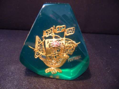 Filigree Ship Paperweight - Gold and Green, Imbedded Resin, Vintage Portugal Souvenir.