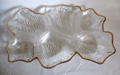 Very Large Vintage Glass Leaf Savoury Platter Dish. Decorated with Gold rim.