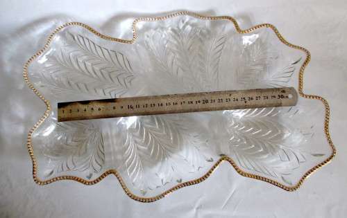Very Large Vintage Glass Leaf Savoury Platter Dish. Decorated with Gold rim.