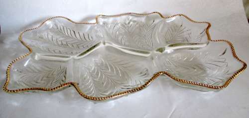 Very Large Vintage Glass Leaf Savoury Platter Dish. Decorated with Gold rim.