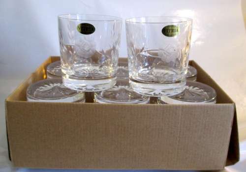 Set of 8 Handcut Vitria Lead Crystal Whiskey Glasses. Rose Pattern. Vintage.
