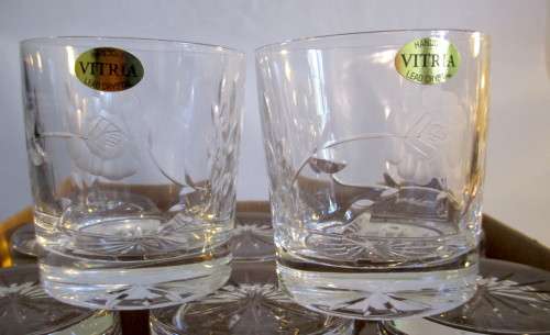 Set of 8 Handcut Vitria Lead Crystal Whiskey Glasses. Rose Pattern. Vintage.