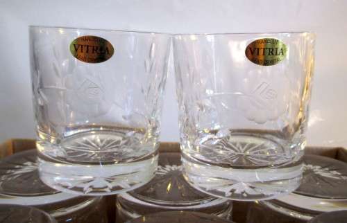 Set of 8 Handcut Vitria Lead Crystal Whiskey Glasses. Rose Pattern. Vintage.