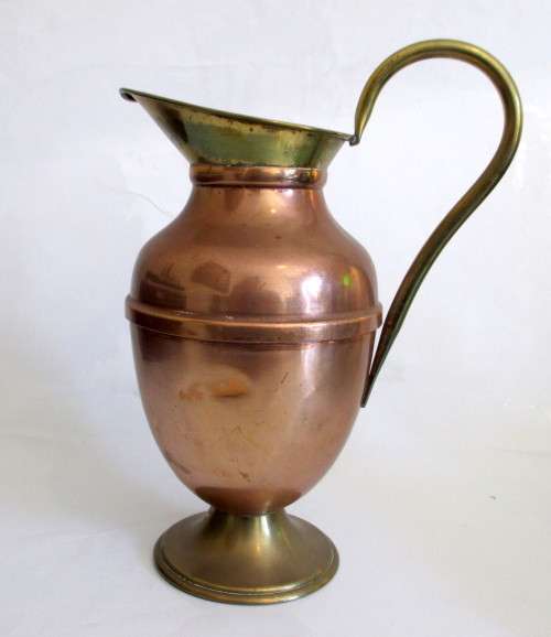 Two Tone Vintage Yellow and Red Copper Pitcher. Lovely item.