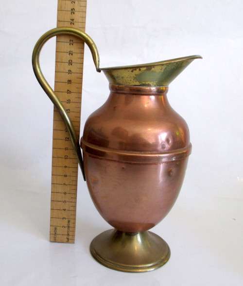 Two Tone Vintage Yellow and Red Copper Pitcher. Lovely item.