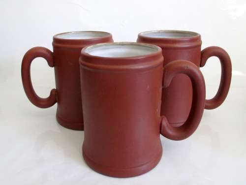 3 Large Vintage Hand made Terrcotta Tankards. Glazed inside. Makers mark.