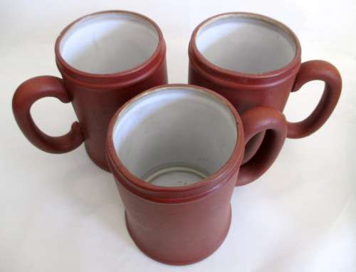 3 Large Vintage Hand made Terrcotta Tankards. Glazed inside. Makers mark.
