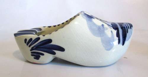 Vintage Delft Blue and White Porcelain Clog Ashtray, Holland Windmill. Makers Mark.