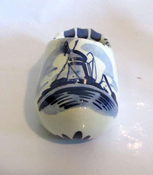 Vintage Delft Blue and White Porcelain Clog Ashtray, Holland Windmill. Makers Mark.