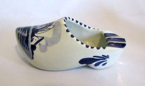 Vintage Delft Blue and White Porcelain Clog Ashtray, Holland Windmill. Makers Mark.