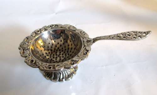 Vintage Silver Plated Embossed Tea Strainer & Drip stand.