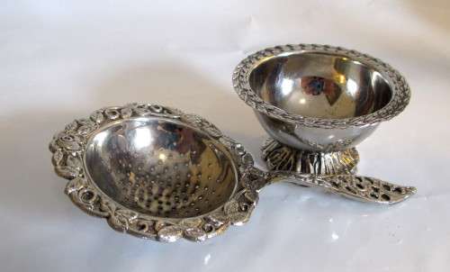 Vintage Silver Plated Embossed Tea Strainer & Drip stand.