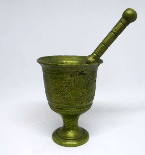 Antique miniature Brass Mortar and Pestle.  Apothecary. Hand Engraved. Please note Condition.