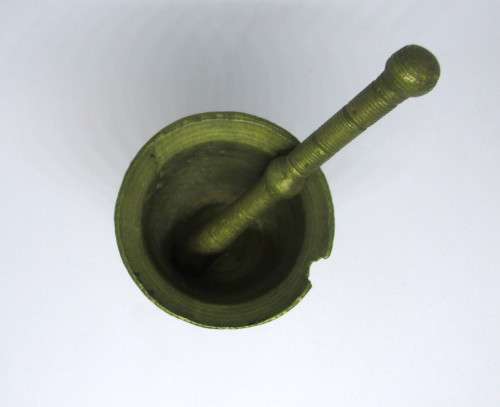 Antique miniature Brass Mortar and Pestle.  Apothecary. Hand Engraved. Please note Condition.