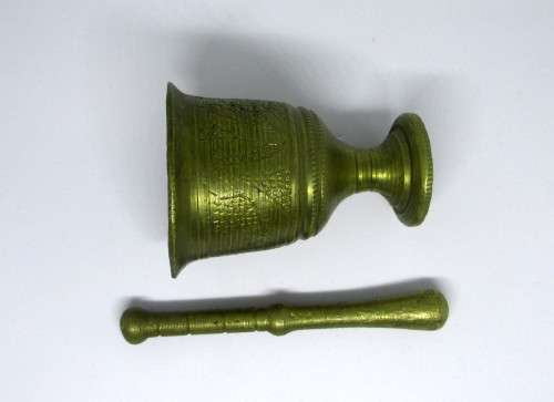 Antique miniature Brass Mortar and Pestle.  Apothecary. Hand Engraved. Please note Condition.