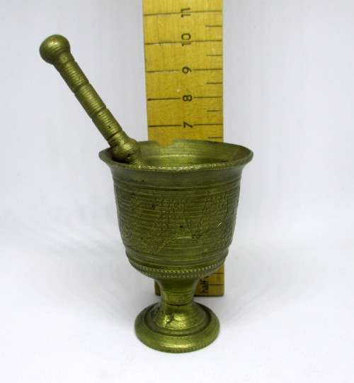 Antique miniature Brass Mortar and Pestle.  Apothecary. Hand Engraved. Please note Condition.