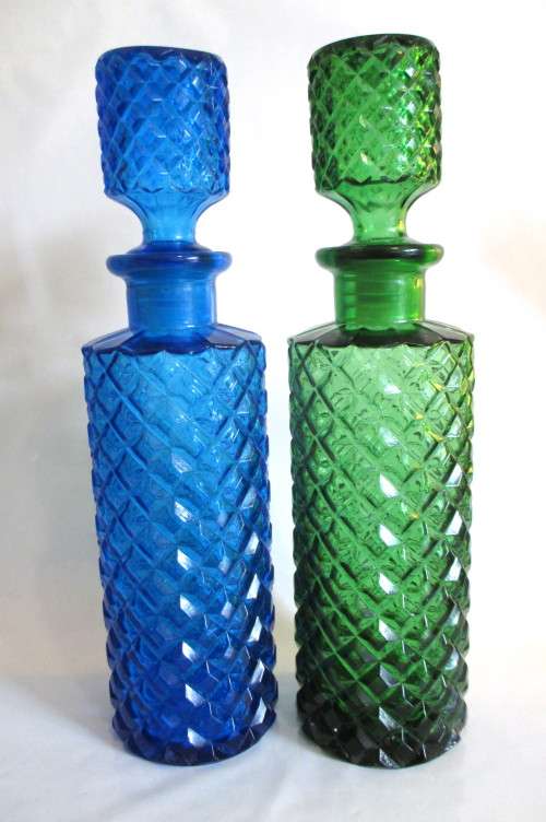 Vintage Large Diamond Pattern Retro Coloured Decanters.