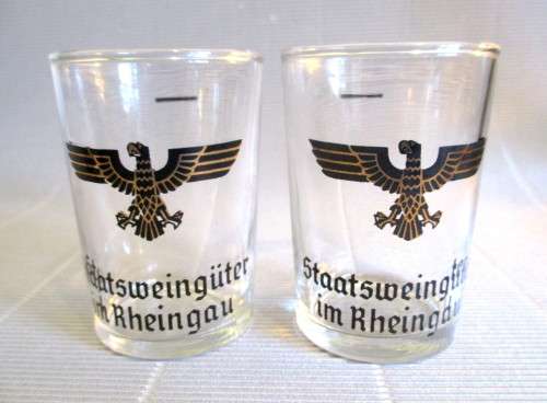 TWO Vintage Staatsweingüter im Rheingau German Shot Glass Eagle Motif