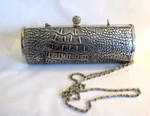 Stunning Vintage 100% Leather Skin Silver/Black Evening Clutch Bag. Made in Taiwan.