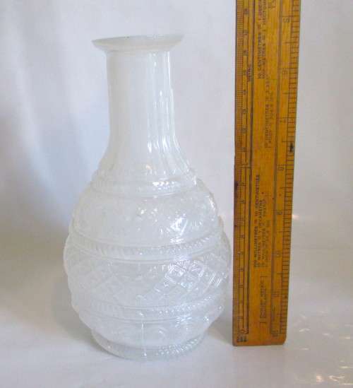 Vintage Milk Colored Lass Vase with Embossed Pattern. 18cm high.