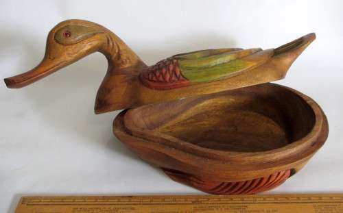 Vintage Handcarved and Painted Duck Dish/Bowl with Lid. Exceptional.