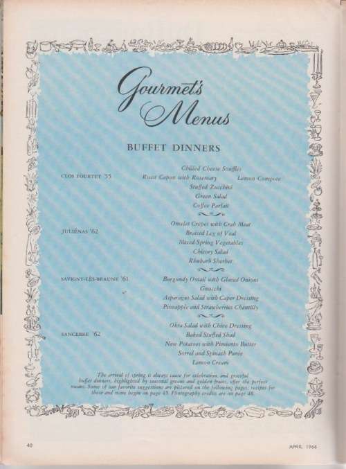 Gourmet, The Magazine of Good Living April 1966. 84p with Recipies. Good Condition.
