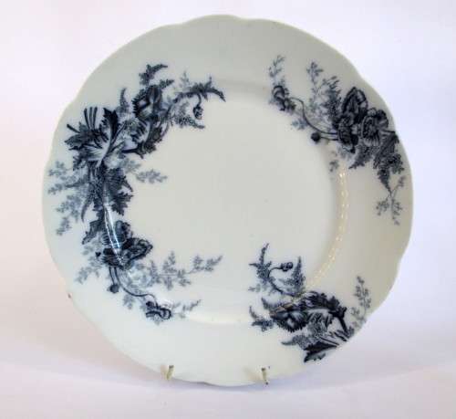 Vintage Johnson Bros Semi-Porcelain dinner plate with Paris pattern in blue, floral transfers.
