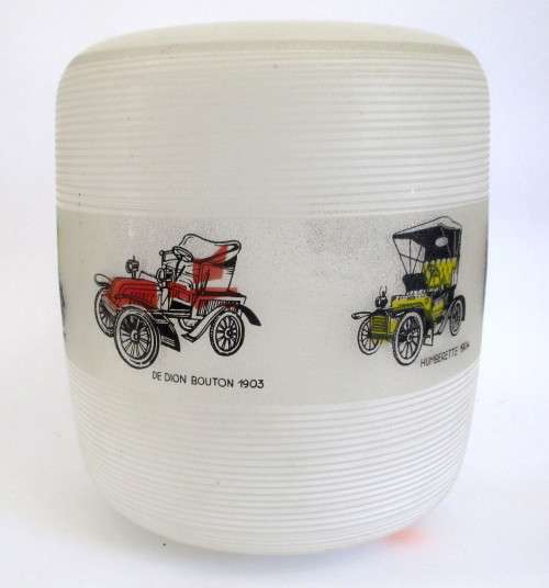 White Vintage Glass Hanging Lampshade with Vintage Cars for Boys Room.