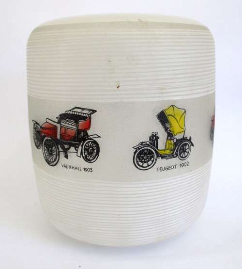 White Vintage Glass Hanging Lampshade with Vintage Cars for Boys Room.