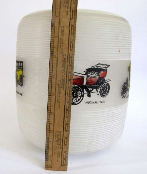 White Vintage Glass Hanging Lampshade with Vintage Cars for Boys Room.