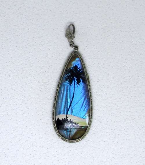 Art Deco Morpho Painted Butterfly Wing Platinum Plated Pendant. Teardrop. 5cm.