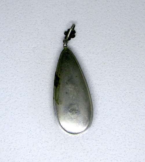 Art Deco Morpho Painted Butterfly Wing Platinum Plated Pendant. Teardrop. 5cm.