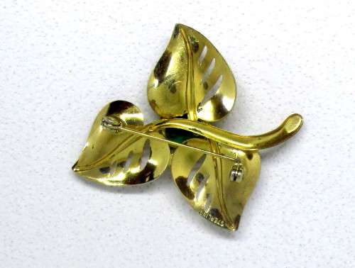 Vintage Gold Tone Brooch with Bright Emerald Green Stone. Marked Sterling.