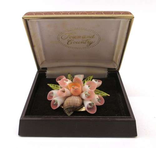 Vintage Antique Handmade Seashell Brooch in Box. Lovely Item.