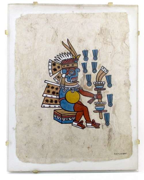 Vintage Aztec Rain God Painting on Tree Bark by Cuitlahunc, Mexican Artist. Original Piece.