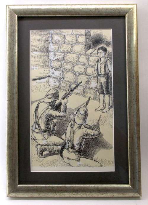 Set of Three Pen Ink Sketches by B Arenson 1970 Boer War Theme. Incredible detailed. Framed.