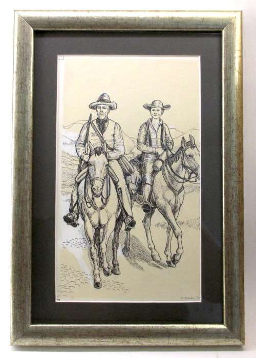 Set of Three Pen Ink Sketches by B Arenson 1970 Boer War Theme. Incredible detailed. Framed.