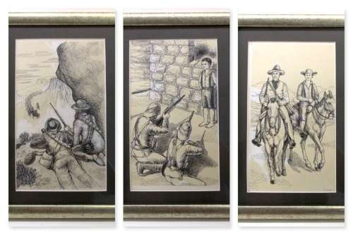Set of Three Pen Ink Sketches by B Arenson 1970 Boer War Theme. Incredible detailed. Framed.