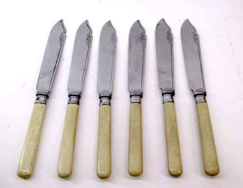 Set of Six Vintage Stainless Cromium Plate Fish Knives. Bone Handles.