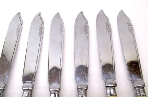 Set of Six Vintage Stainless Cromium Plate Fish Knives. Bone Handles.