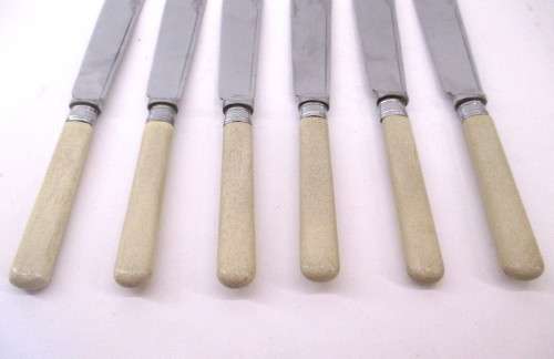Set of Six Vintage Stainless Cromium Plate Fish Knives. Bone Handles.